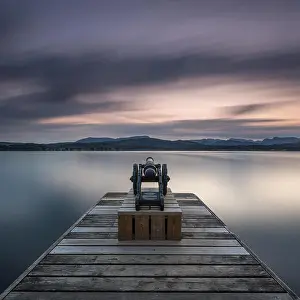 Great Green Prints: Lake District, Low Wood jetty and canon near Ambleside at sunset