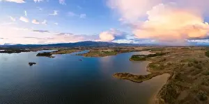 Distancing Prints: Lake drone aerial view of mountain panorama landscape at sunset in Marateca Dam in Castelo Branco