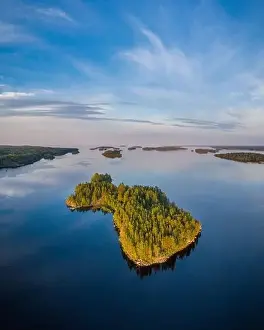 Lake Ladoga on Summer Evening. Islands of Lekhmalakhti Bay. Russia. Aerial View