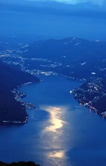Lugano Prints: Lake Lugano at dawn, seen from high above in the mountains