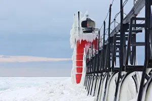Lake Michigan South Haven Breakwater Light covered in ice
