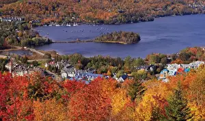 Autumn Leaves Prints: Lake and Mont Tremblant resort in autumn, Canada