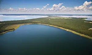 Forest Park Prints: Lake national park background on bright sunny day aerial view
