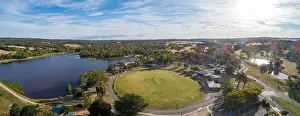Lake and oval in Beaufort, Victoria, Australia - wide aerial panorama