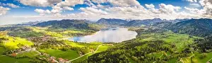 Karwendel Prints: Lake Tegernsee in the Bavarian Alps. Aerial Drone Panorama Shot. Spring
