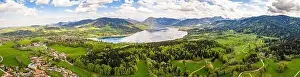 Karwendel Prints: Lake Tegernsee in the Bavarian Alps. Aerial Drone Panorama Shot. Spring