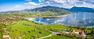 Karwendel Prints: Lake Tegernsee in the Bavarian Alps. Aerial Drone Panorama Shot. Spring