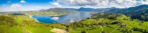 Karwendel Prints: Lake Tegernsee in the Bavarian Alps. Aerial Drone Panorama Shot. Spring