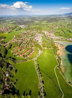 Karwendel Prints: Lake Tegernsee in the Bavarian Alps. Aerial Drone Panorama Shot. Spring
