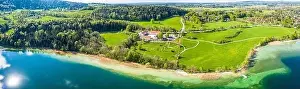 Karwendel Prints: Lake Tegernsee in the Bavarian Alps. Aerial Drone Panorama Shot. Spring