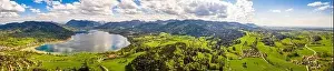 Karwendel Prints: Lake Tegernsee in the Bavarian Alps. Aerial Drone Panorama Shot. Spring