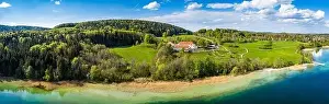Karwendel Prints: Lake Tegernsee in the Bavarian Alps. Aerial Drone Panorama Shot. Spring