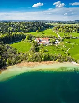 Karwendel Prints: Lake Tegernsee in the Bavarian Alps. Aerial Drone Panorama Shot. Spring