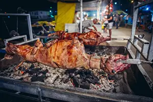 Serbia Prints: Lamb and pig roasted on a spit during famous annual Trumpet Festival in Guca village