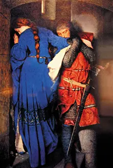 Knights Prints: Lancelot and woman, Painting with scenery of King Arthur and the legend of the Knights