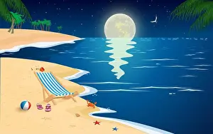 Midnight Prints: landscape of the beach in full moon night