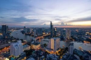 Images Dated 12th August 2017: Landscape of Chao phraya river in Bangkok city in evening time with bird view