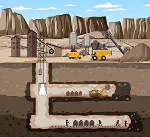 Excavator Prints: Landscape of coal mine industry with underground illustration