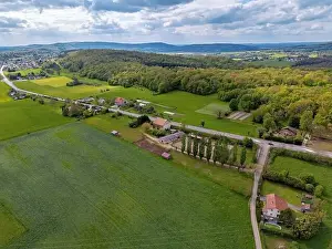 Landscape with fields, mountains and river in France near Besancon in spring, Franche-Comte