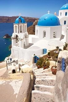 Images Dated 27th June 2011: Landscape with greek white church overlooking the sea, Oia Town, Santorini Island, Greece