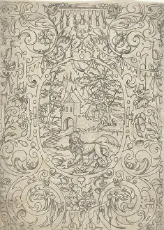 Scrollwork Prints: Landscape with a lion in an oval