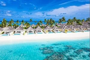 Images Dated 5th August 2019: Landscape of Maldives beach. Tropical panorama, luxury villa resort on paradise island coast