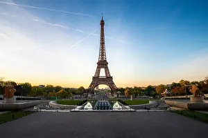 Landscape panoramic view on the Eiffel tower and park during the sunny day in Paris, France. Travel and Vacation concept