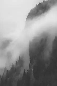 Grayscale Prints: Landscape photography of the French Alps on a foggy morning moody atmosphere
