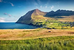 Faroe Island Prints: Landscape photography. Sunny summer view from flying drone of Vidareidi village