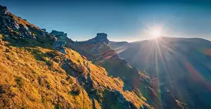 Landscape photography. View from flying drone of veird shapes stone on the Vuhatiy Kamin mountain range