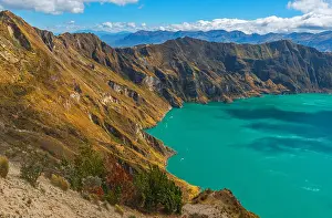 Bolivia Prints: Landscape of the Quilotoa crater lake with its turquoise blue waters in the Andes mountain range near Quito