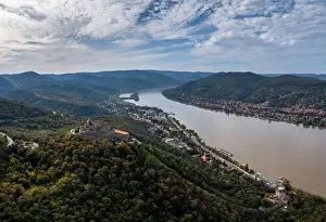 Danube River Prints: Landscape view of the Danube Bend in Visegrad with the historic Visegrad Castle on the hilltop