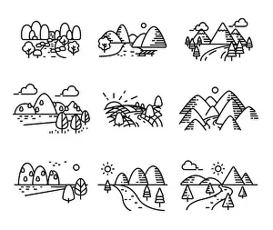 Feel Prints: Landscape view vector. Land mountains icon set. Single line stroke illustration