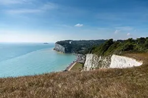 A landscape view of the White Cliffs of Dover and the South Foreland on the English Channel