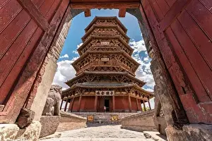 Landscapes of Ying Xian Wooden Pagoda, famous travel destination in Yingxian town in Shanxi Province of China