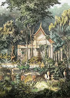 Indochina Prints: Laos: The Buddhist temple of Wat Phra Kaew was overgrown in the abandoned city of Vientiane when a French expedition