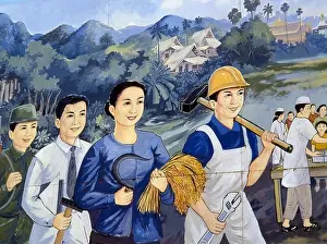 Laos: Revolutionary Socialist realist-style political poster on the streets of Vientiane. Socialist realism is a style of realistic art which was