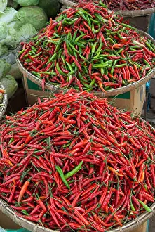 Chilli Prints: Laos, Southern Laos, Bolaven Plateau, Thateng market, fresh red and green chilli peppers