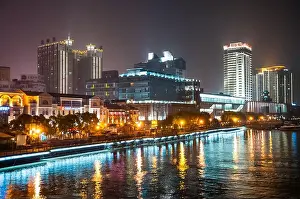 Tourism Industry Prints: Laowaitan (Old Bund) waterfront area showing the mix of colonial style buildings and modern architecture plus marina