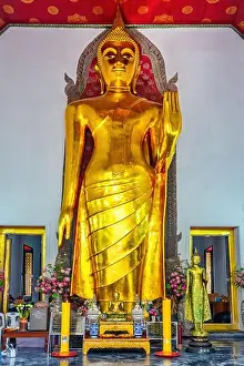 Gold Colored Prints: Large 10m tall standing Buddha statue at Wat Pho in Bangkok, Thailand