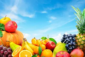 Tangerine Prints: Large collection of fruits and vegetables on a blue sky background