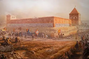Lithuania Prints: Detail of a large hitorical painting. Newly built castle. At Medininkai Castle, Lithuania