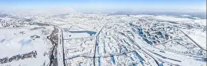 Power Plant Prints: large industrial area of the city in sunny chilly winter day. panoramic aerial view