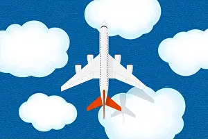 Charter Prints: Large jet passenger airplane flies above sky clouds and sea with ripples