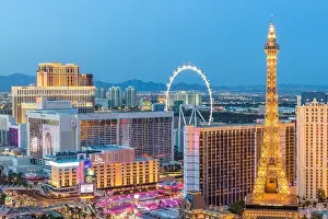 LAS VEGAS, NEVADA - APRIL 18, 2018: Hotels and Casinos along the strip at dusk