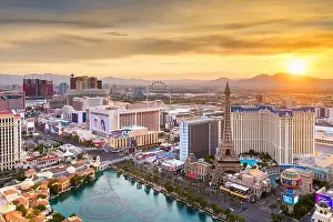 Casinos Prints: LAS VEGAS, NEVADA - APRIL 19, 2018: Hotels and Casinos along the strip at dusk