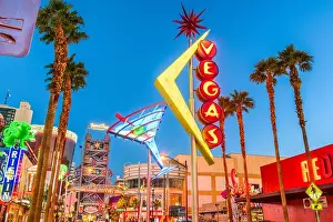 LAS VEGAS, NEVADA - MAY 13, 2019: Fremont East District of Las Vegas at dawn. It is among the most famous streets in the Las Vegas Valley