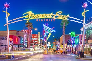 LAS VEGAS, NEVADA - MAY 13, 2019: Fremont East District of Las Vegas at dawn. It is among the most famous streets in the Las Vegas Valley