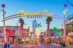 LAS VEGAS, NEVADA - MAY 13, 2019: Fremont East District of Las Vegas at dawn. It is among the most famous streets in the Las Vegas Valley