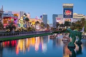 LAS VEGAS, NEVADA - MAY 14, 2019: Casinos along the strip at twilight in Las Vegas